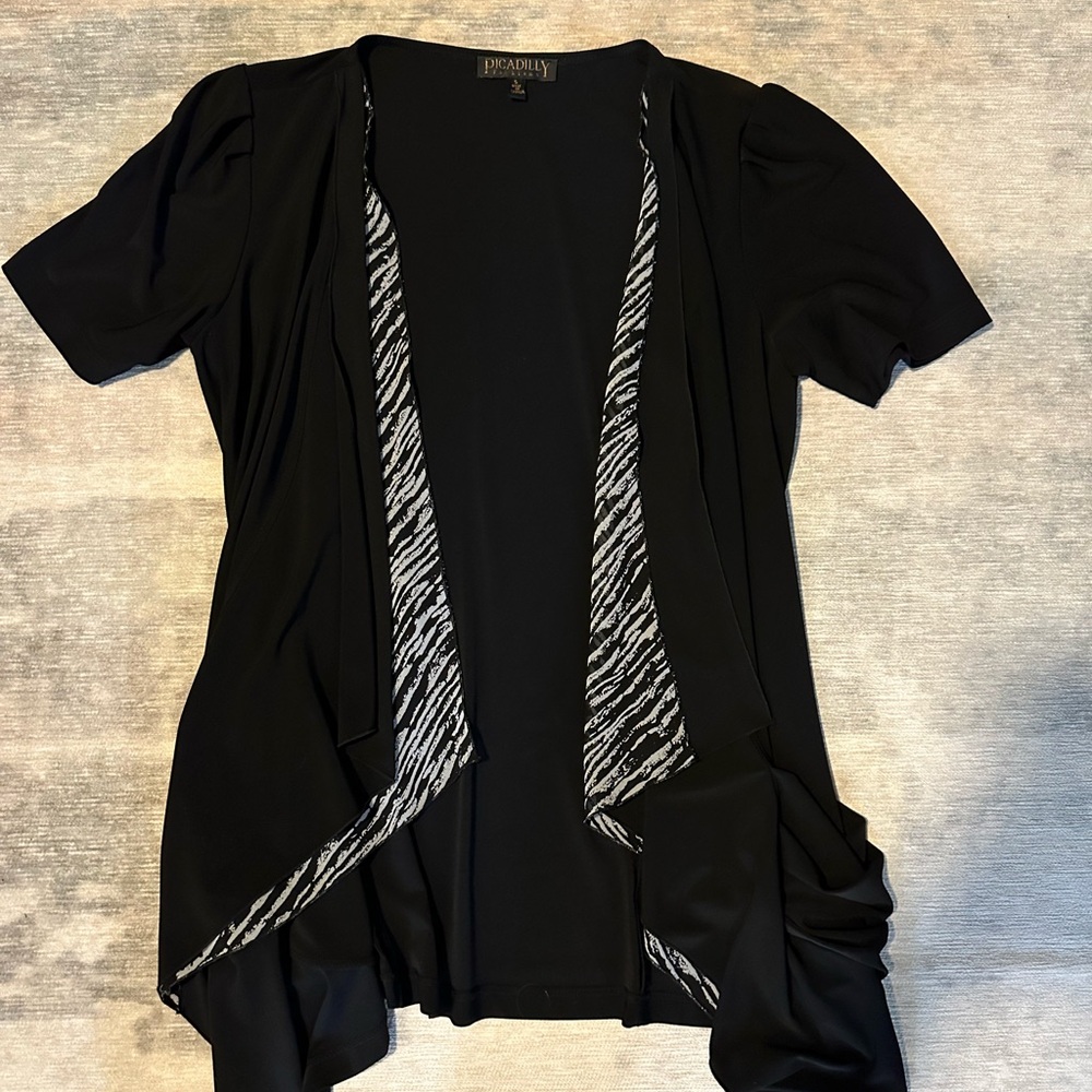 Black Open Front Cardigan with Zebra Print Trim